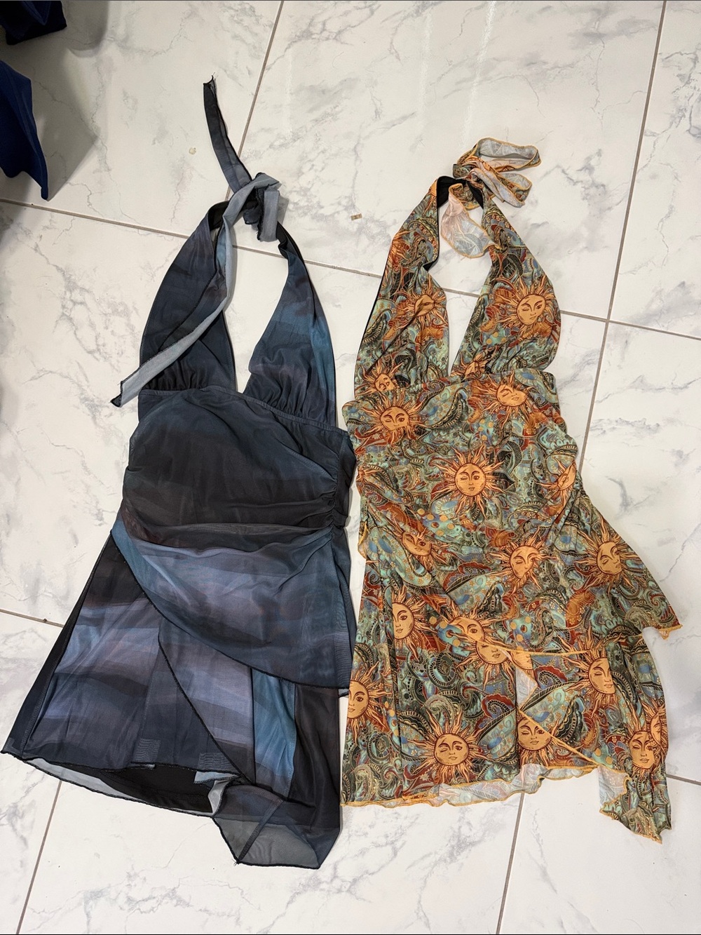Pair of Halter Tie Sundress - Black/Blue & Sun Print Multi